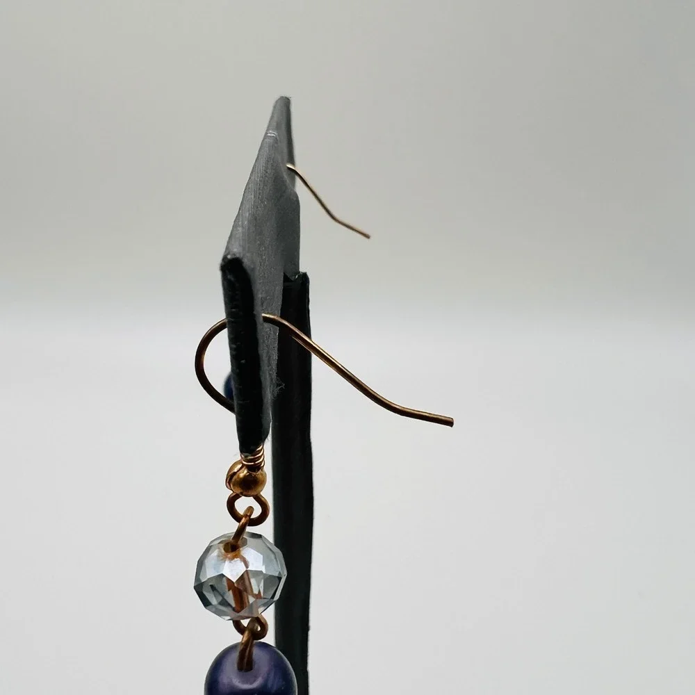 Handmade Blue Beaded Dangle Earrings Gold Tone French Hook Faceted Drop
